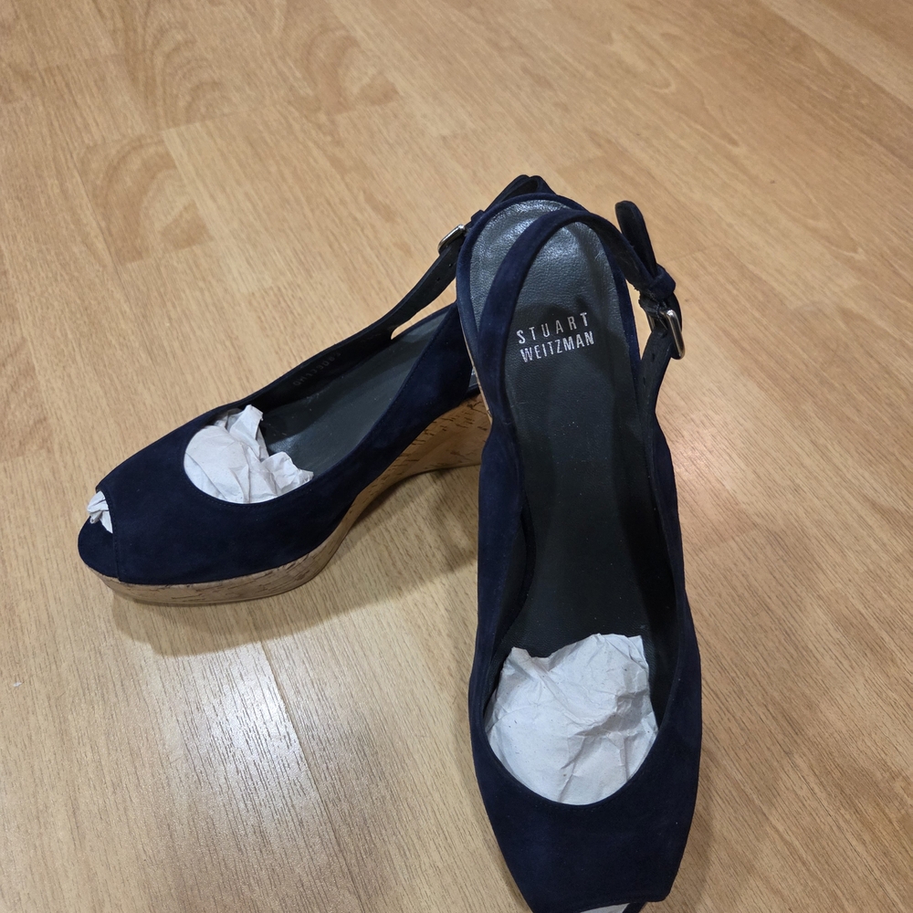 Stuart Weitzman Dark Blue Peep-Toe Wedges
